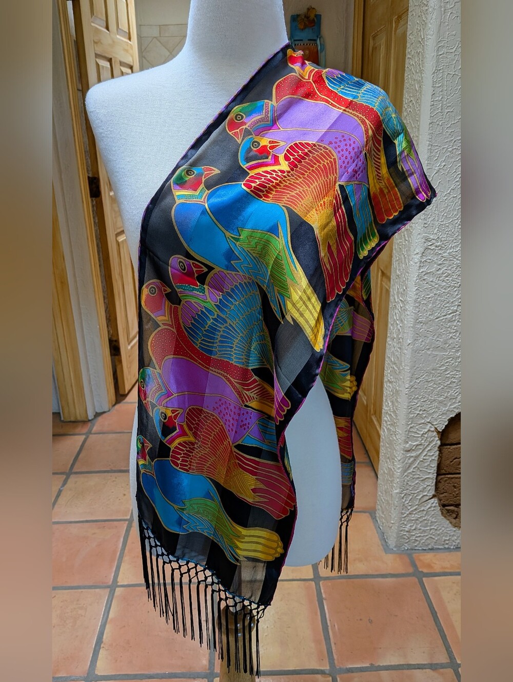 Vintage Laurel Burch Vibrant Tropical Birds Silk Scarf Wrap With Fringe